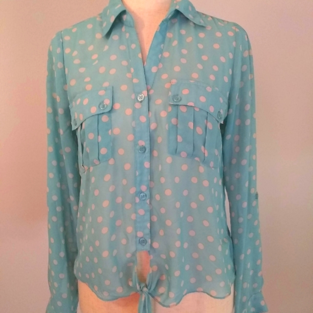 My Michelle aqua sheer button down blouse, S